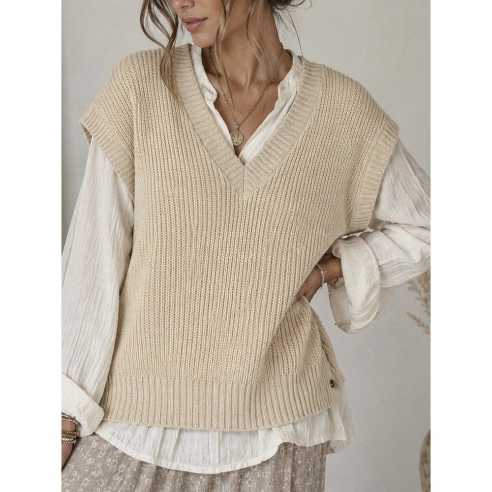 Roxy Oversized Sleeveless Knit Vest V-Neck Cream Acrylic Sweater Size Small Boho
